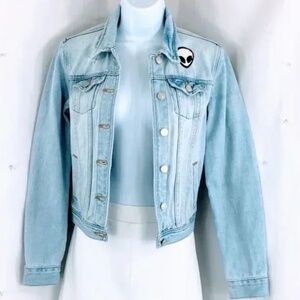 Brandy Melville Alien Head Women Jean Jacket Distressed Trucker Non Stretch Sz S
